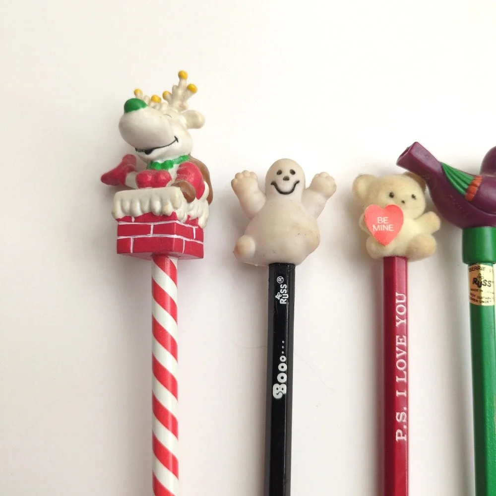 11 Vtg 80s 90s Russ Novelty Unused Pencils w/ Toppers Animal Holiday Fuzzy